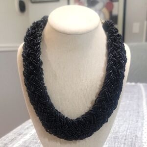Chunky Wide Black Glass Bead Plaited Necklace 23"